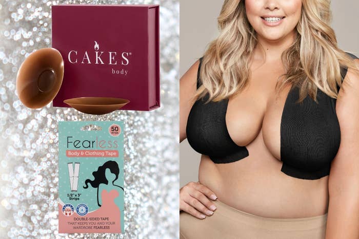Image showing a container  of "Cakes" silicone adhesive bra inserts, "Fearless" assemblage  and covering  portion    packaging, and a exemplary  wearing adhesive bra cups