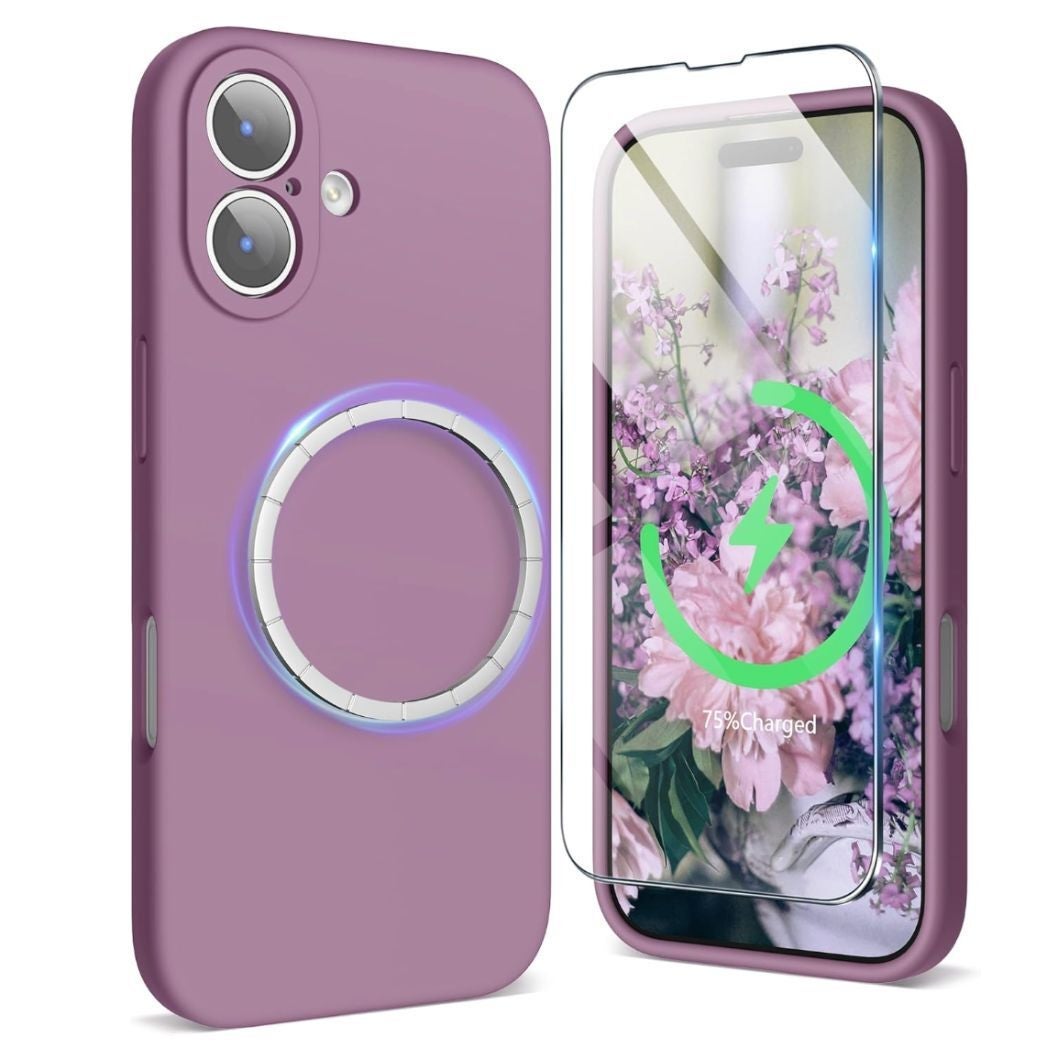Purple smartphone lawsuit  with raised edges and MagSafe ring, paired with a floral-screened telephone  showing 75% charge, indicating wireless charging
