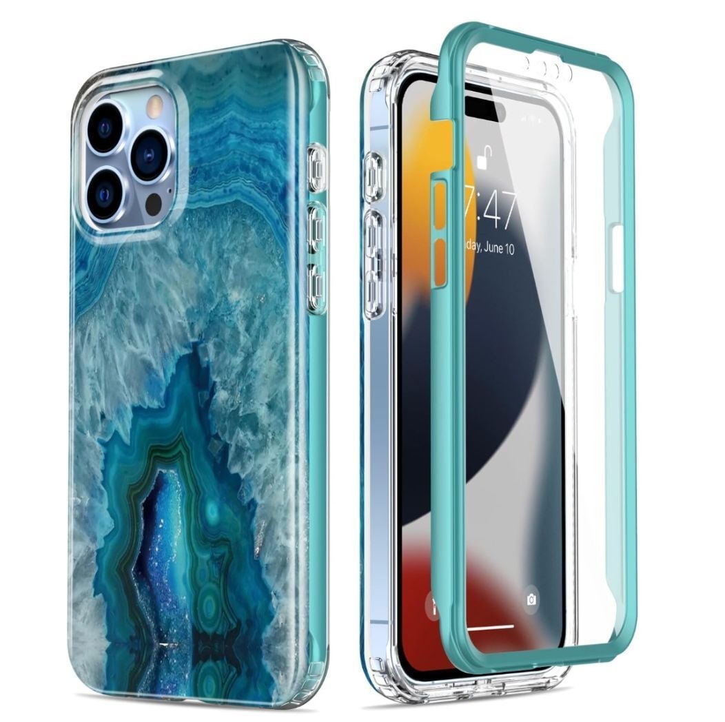  1  with a bluish  geode pattern, the different   with a wide   design, displayed with an iPhone inside