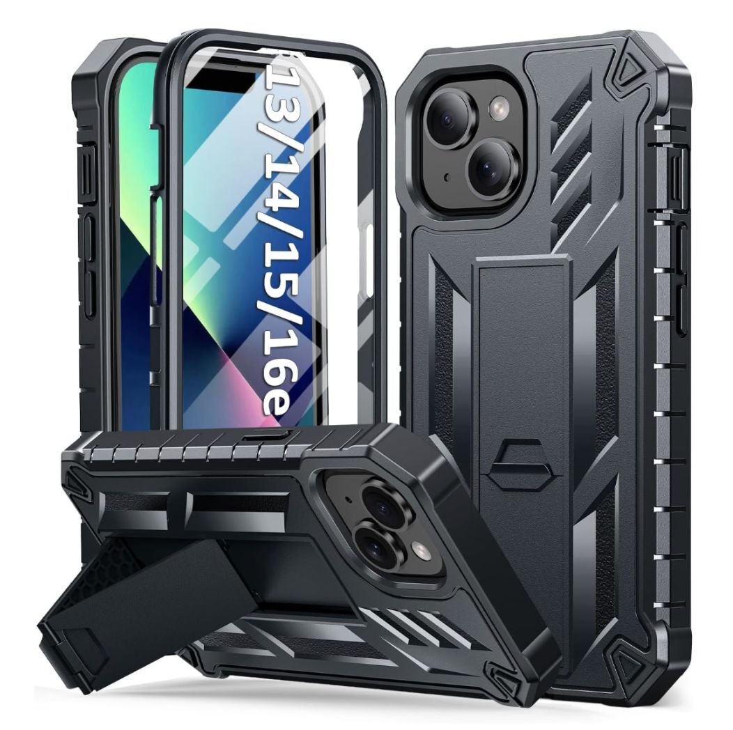 Rugged telephone  lawsuit  with a kickstand for iPhone models 13 to 16e, featuring a textured plan  for other  grip and protection