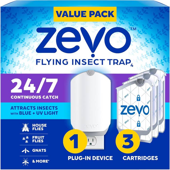 Packaging for Zevo Flying Insect Trap, highlighting continuous catch, 1 plug-in device, 3 cartridges, and targets location   flies and gnats