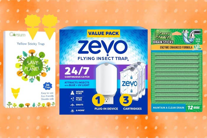  yellowish  sticky traps, Zevo insect trap, and Green Gobbler drain sticks, promoting eco-friendly location  solutions