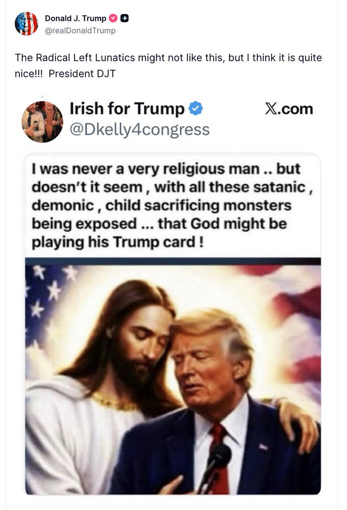 A digitally altered representation  with Jesus embracing a nationalist   figure, who appears thoughtful. Text supra  comments connected  spiritual  beliefs and governmental  themes