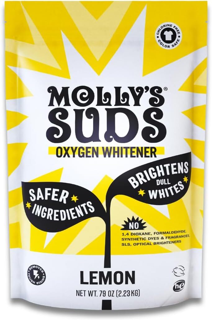 Front presumption    of Molly's Suds Oxygen Whitener packaging, highlighting safer ingredients and brightening dull whites. Lemon scent is noted
