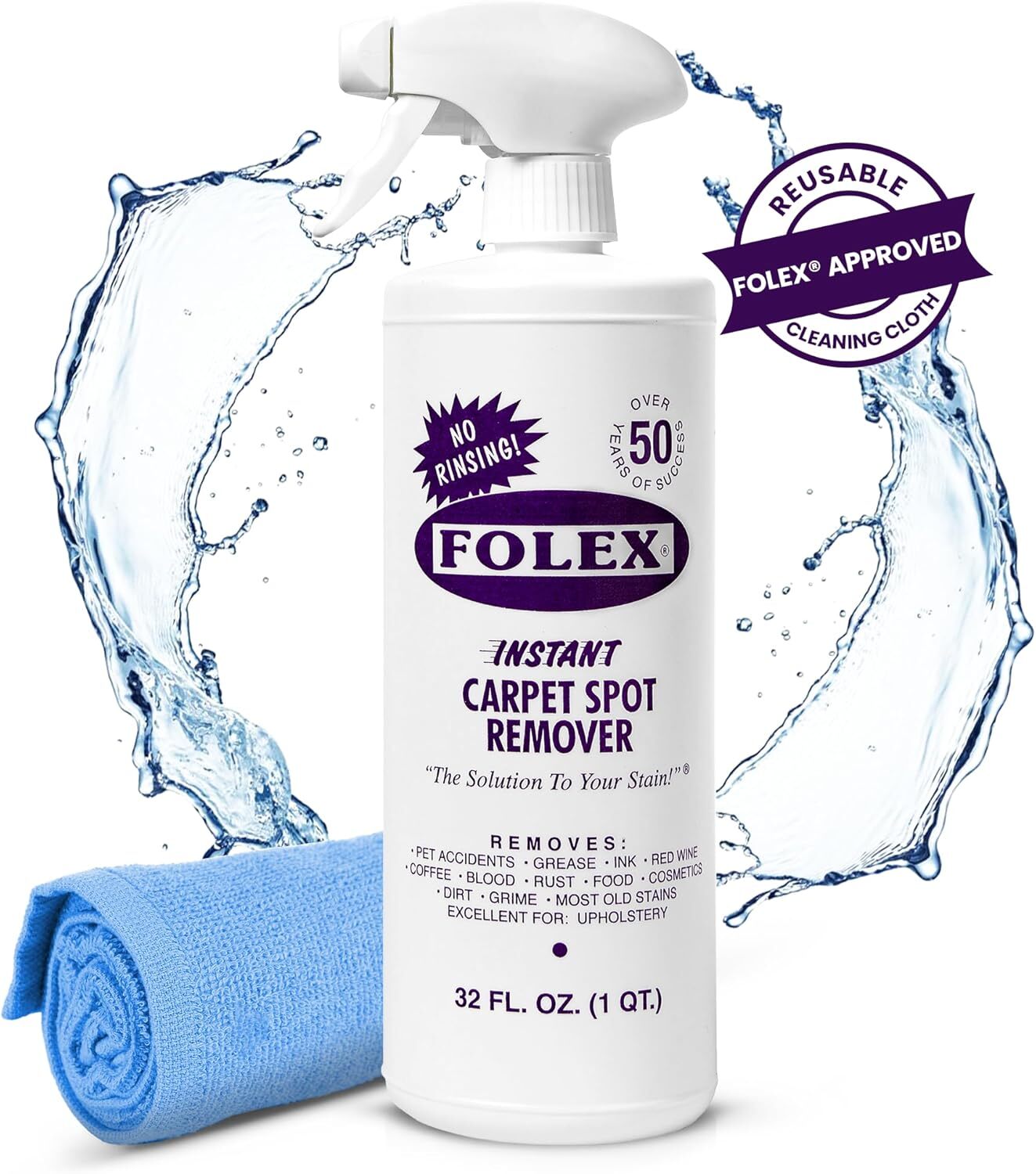 Folex Instant Carpet Spot Remover vessel  with spray nozzle; includes reusable cleaning cloth. Ideal for removing pugnacious  carpet stains