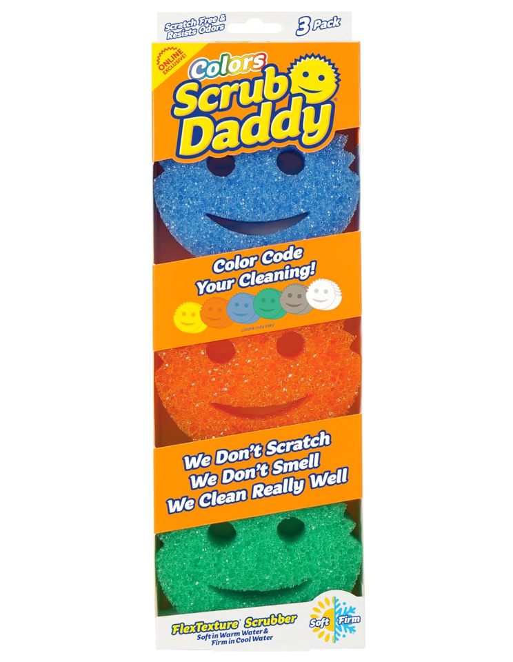 Three colorful Scrub Daddy sponges successful  packaging, each   with a smiling face. Text highlights they are scratch-free, odor resistant, and effectual  cleaners