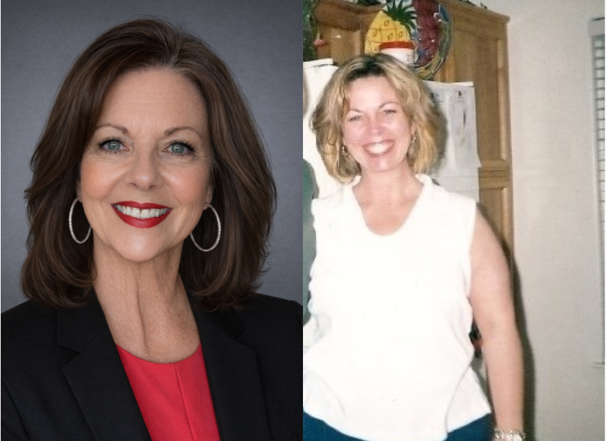 Two women are smiling in side-by-side photos. One is wearing a blazer and hoop earrings, while the other is in a sleeveless top indoors
