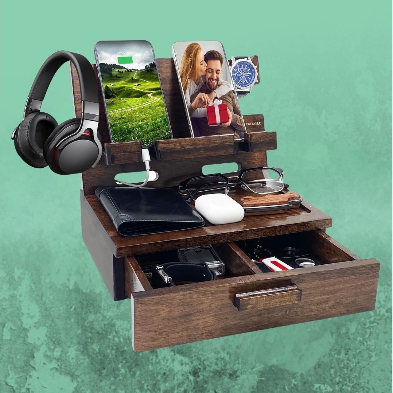 Wooden organizer with compartments for phones, watch, headphones, wallet, glasses, and tiny  items, perfect  for businesslike  table  storage