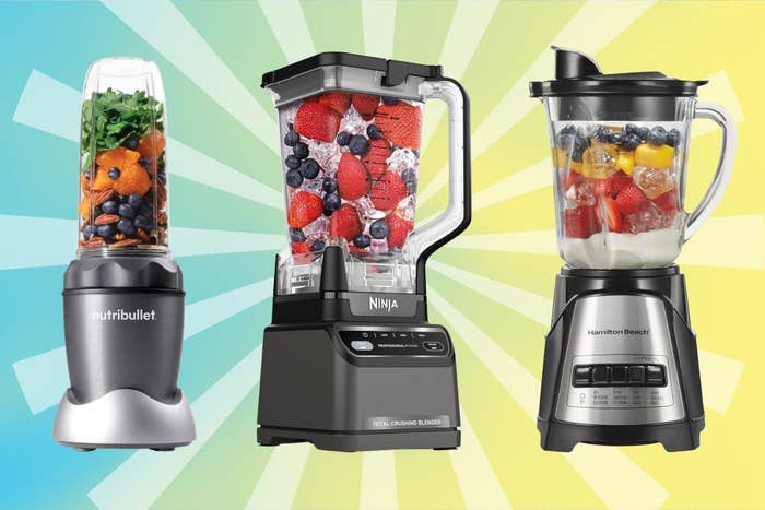  NutriBullet with berries and carrots, Ninja with crystal  and berries, Hamilton Beach with layered fruit