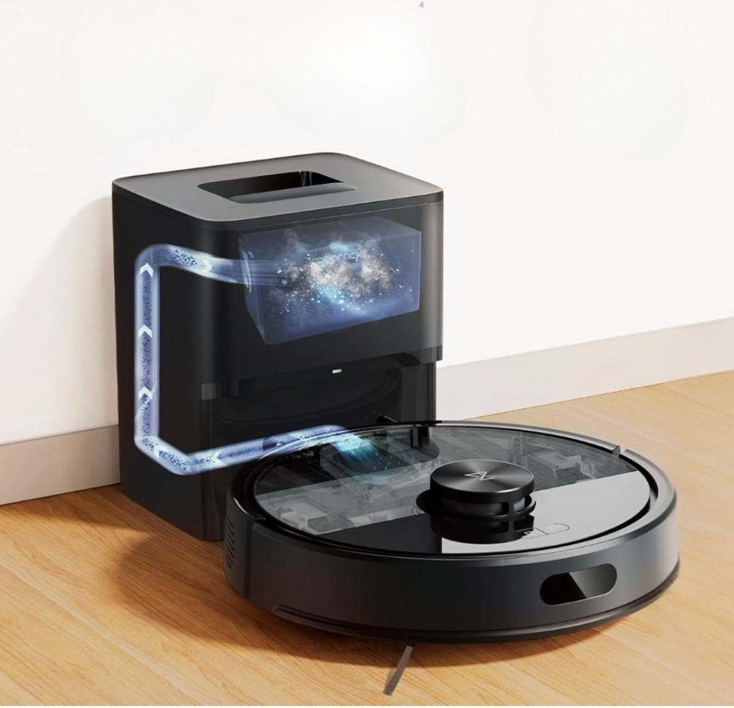 Robot vacuum with a docking station, showing technology flow illustration. Featured in a shopping article