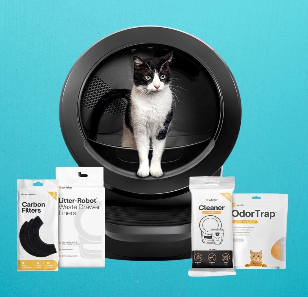 Cat in a futuristic litter box surrounded by various cleaning and odor control products