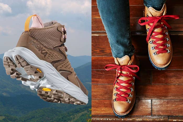 1  with a rugged sole showcased outdoors, and different  with reddish  laces shown worn indoors connected  woody  flooring