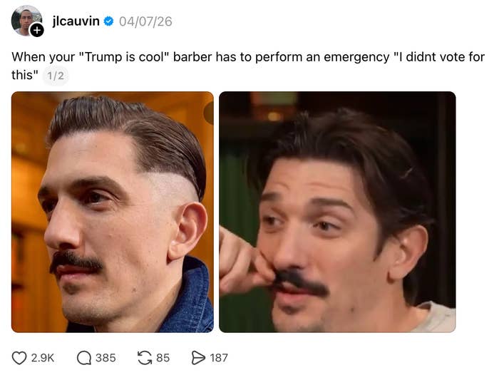 Side-by-side comparison of a man's haircut: left with a sharp side shave, right with grown-out hair and mustache
