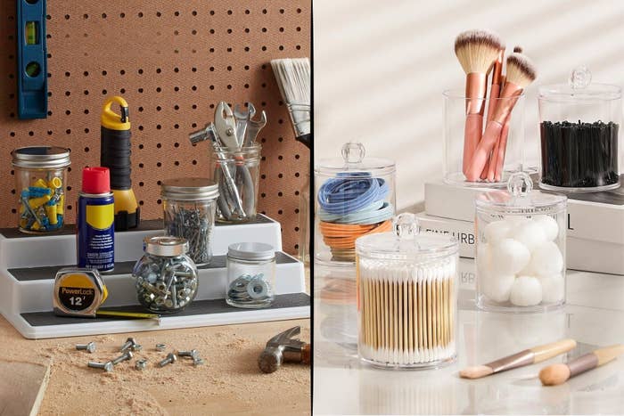  a workbench with tools and jars, and quality   containers with brushes and fabric  essentials