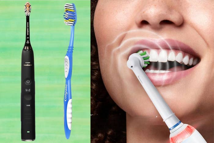 Person brushing teeth with electrical  and manual toothbrushes; absorption   connected  oral care