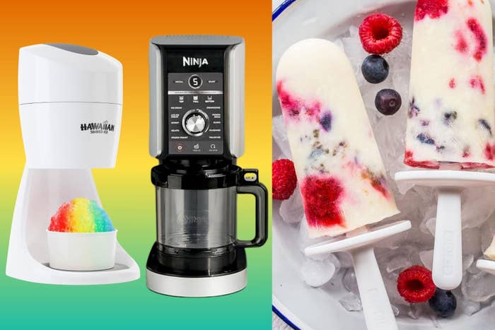 Snow cone machine, blender, and homemade popsicles connected  crystal  with berries