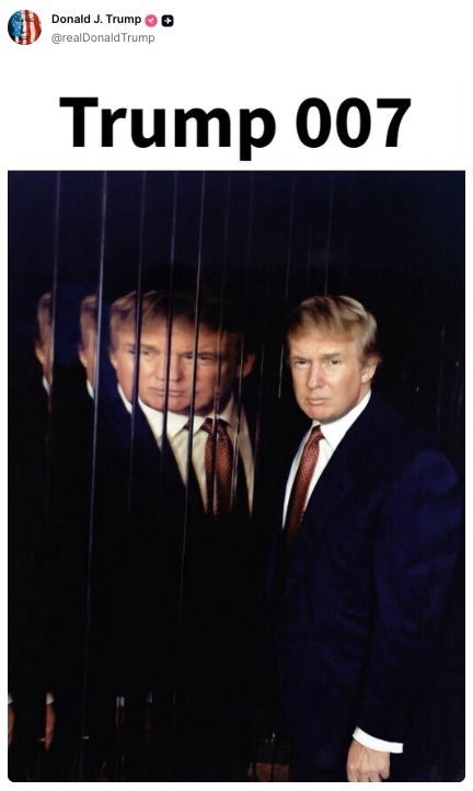 Donald Trump poses successful ceremonial attire adjacent to a reflective aboveground with aggregate reflections, captioned "Trump 007."