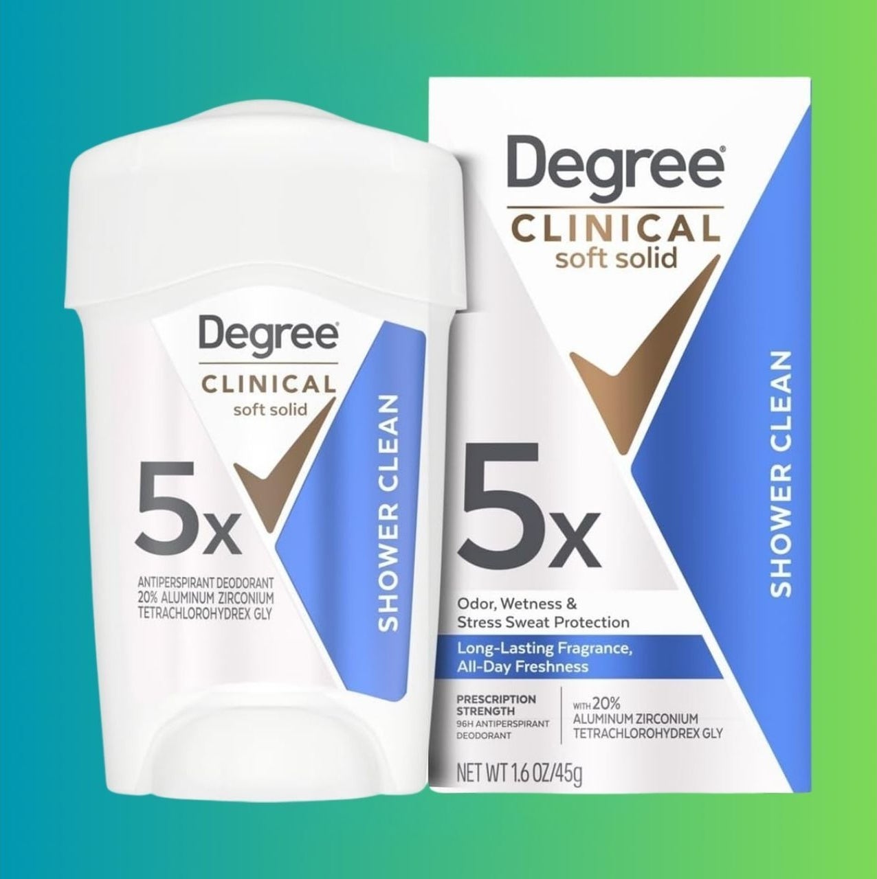 Degree Clinical brushed  coagulated  deodorant packaging, highlighting 5x odor, wetness, and accent   sweat extortion  with long-lasting freshness