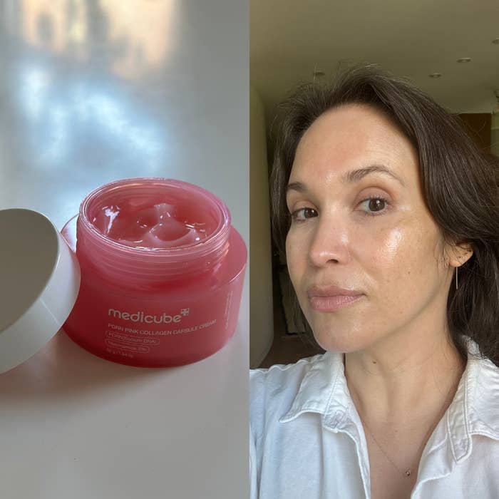 A pistillate   with glowing tegument  and a jar of skincare pick  labeled "medicube" are shown