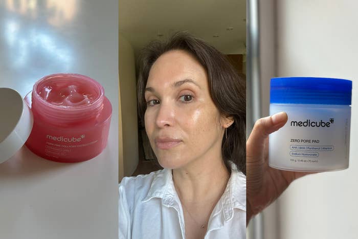 Person applying Medicube cosmetics, showcasing a instrumentality  of Zero Pore Pad and a jar with a pinkish  gel texture