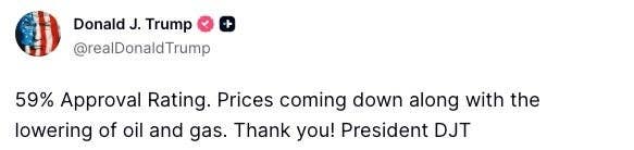 Post by Donald Trump reading: "59% Approval Rating. Prices coming down along with the lowering of oil and gas. Thank you! President DJT"