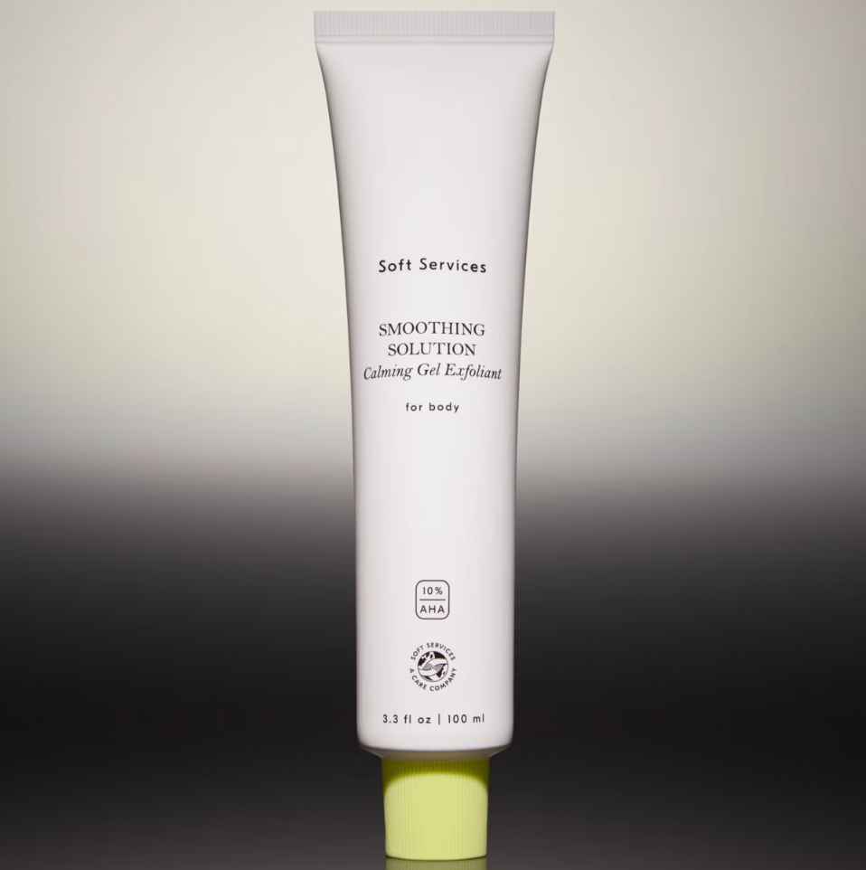 Tube of Soft Services Smoothing Solution, a calming gel exfoliant for body, 10% AHA, 100ml