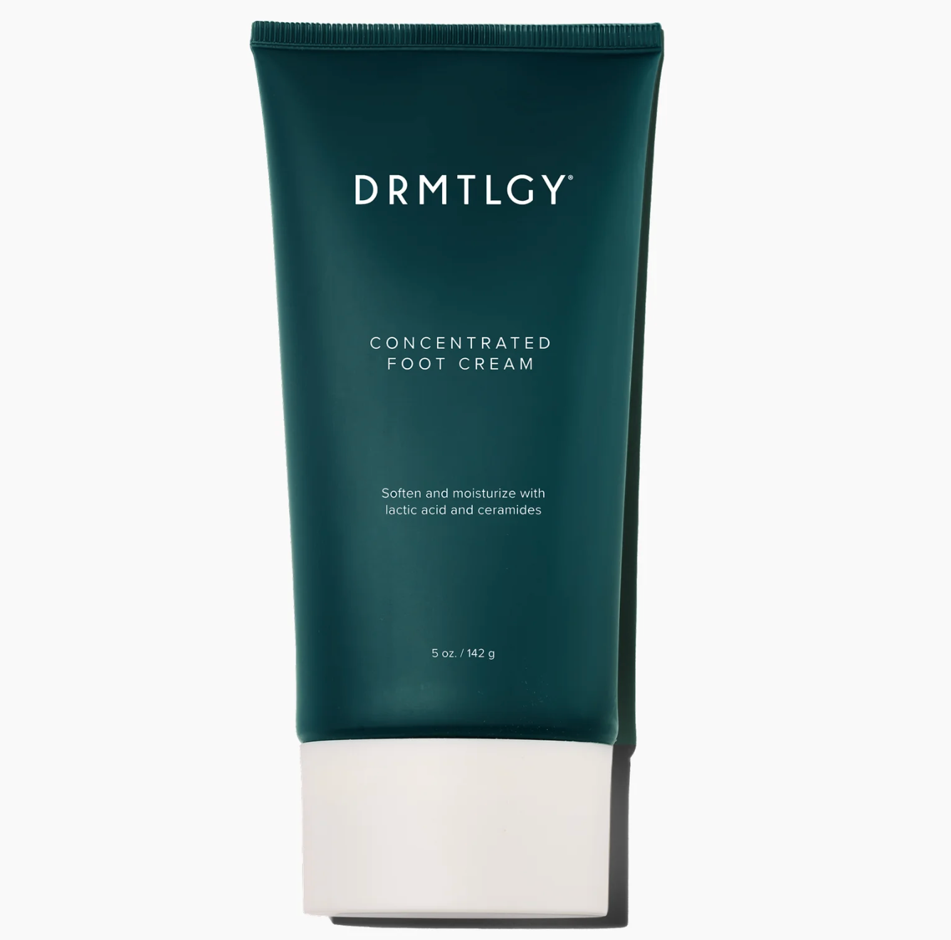 DRMTLGY Concentrated Foot Cream tube, features text: "Soften and moisturize with lactic acid and ceramides." 5 oz/142 g size