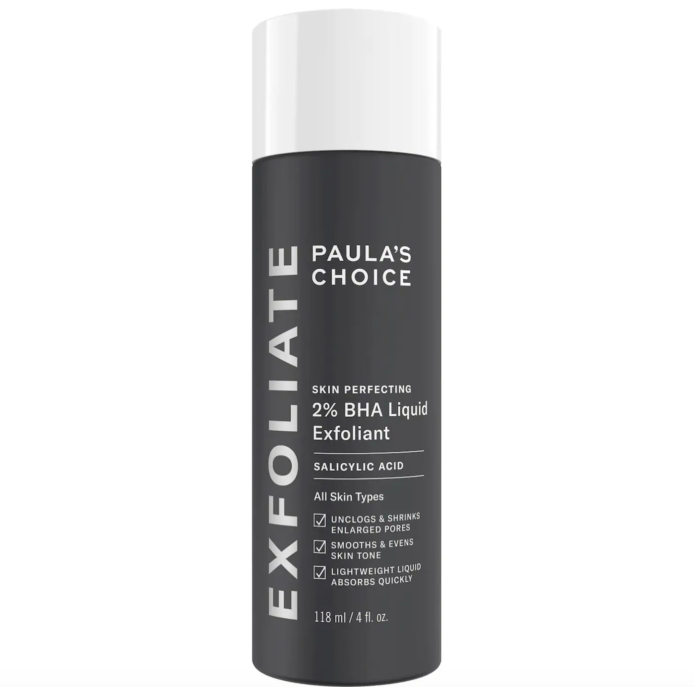 Paula's Choice 2% BHA Liquid Exfoliant, 4 oz bottle. Key text: "Skin Perfecting" with salicylic acid for all skin types
