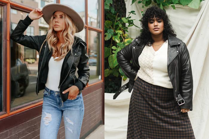 Two women modeling achromatic  leather jackets; 1  with a casual chapeau  and ripped jeans, the different   with a cozy sweater and checked skirt