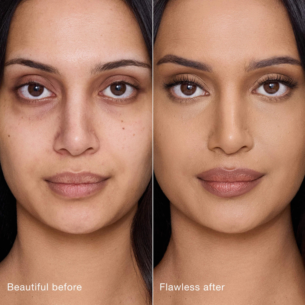 Side-by-side examination  of a woman's look   featuring a constitution  transformation, showing tegument  smoothing and contouring effects
