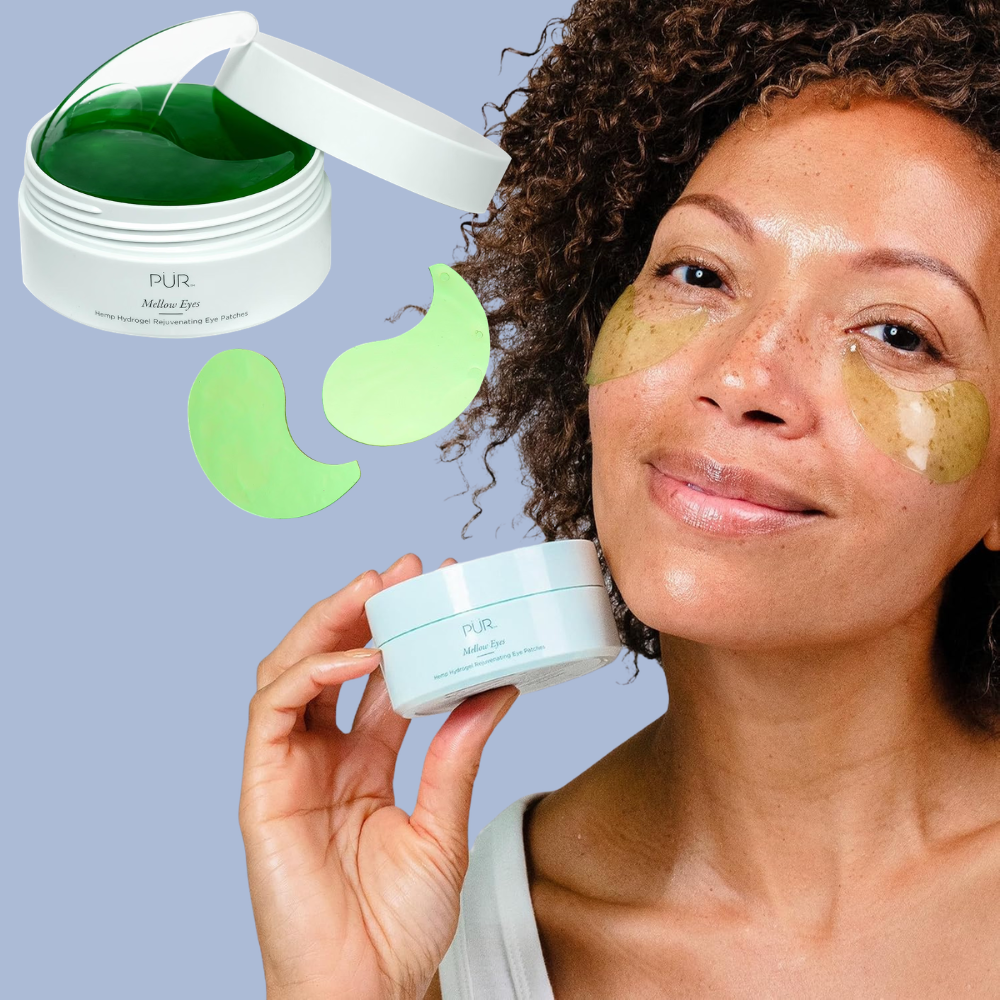 Woman with gel oculus  patches holding PUR oculus  merchandise  jar, smiling