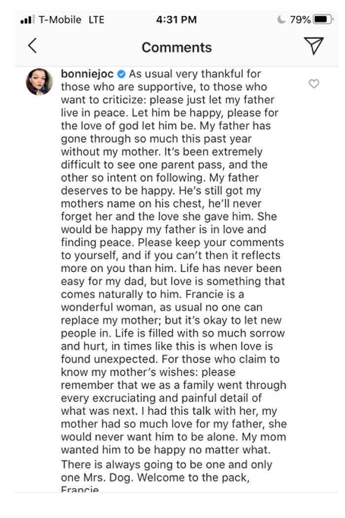 Bonnie Chapman Instagram comment.