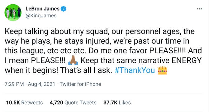 Screenshot of LeBron&#x27;s deleted tweet about negative response to Lakers&#x27; team.