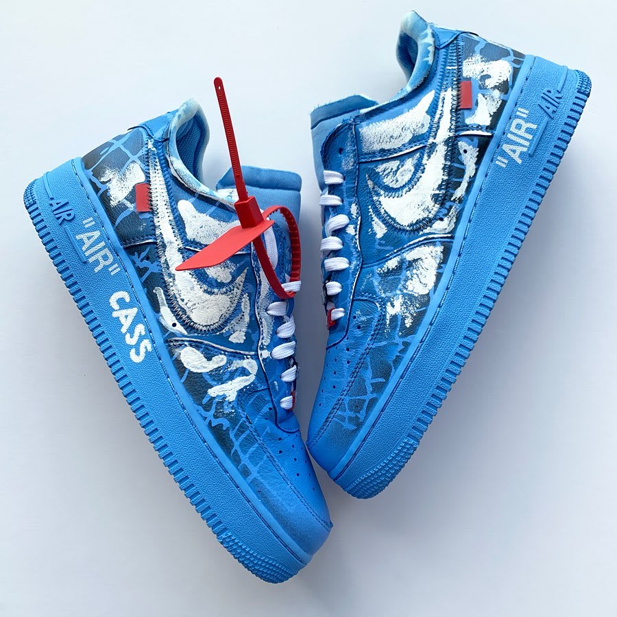 A Pair of Blue MCA Chicago Air Force 1&#x27;s Painted by Cassius Hirst