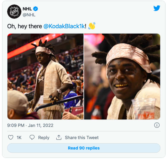 Kodak Black at Florida Panthers game NHL tweet that was deleted.