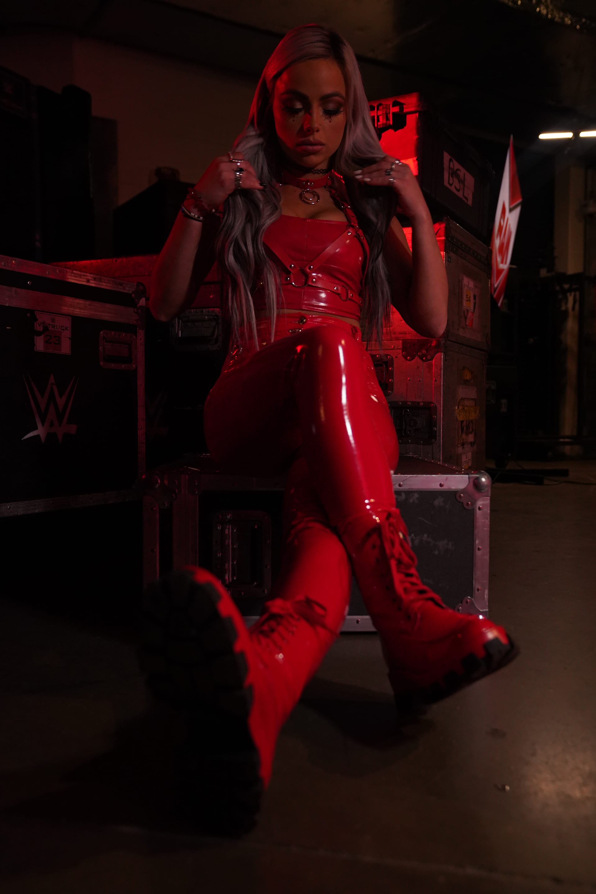 Liv Morgan in red, backstage at WWE Raw, November 15, 2021