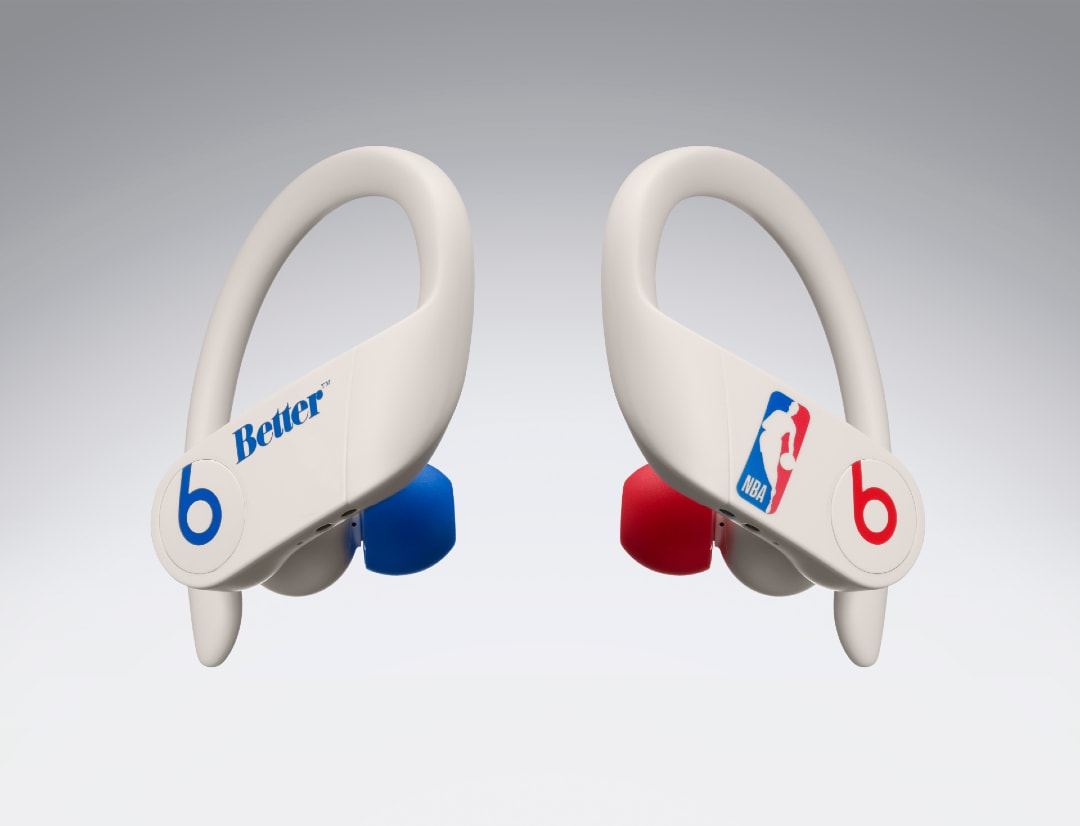 The NBA x Better Powerbeats Pro, with Red and Blue detailing on a cream background.