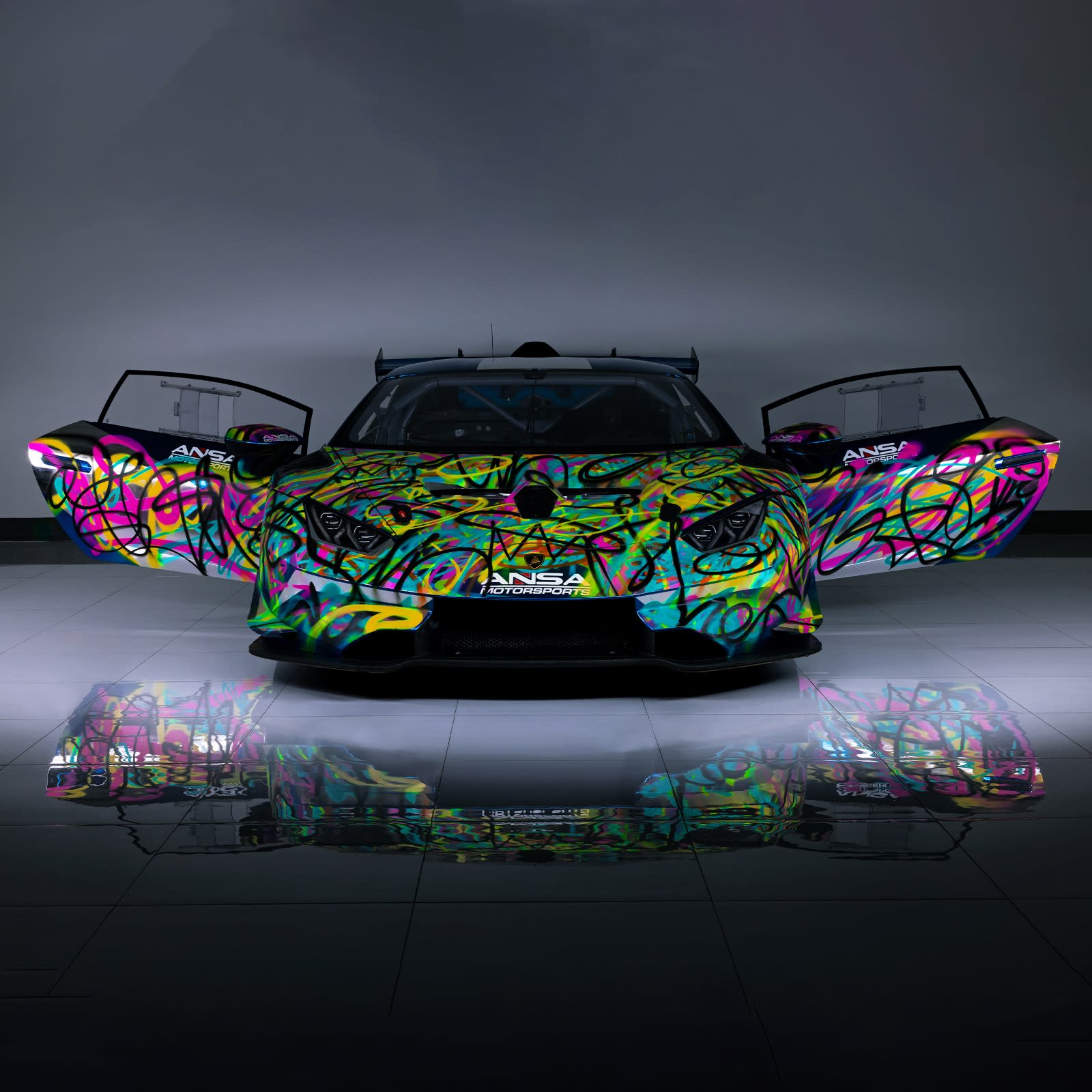 a graffiti painted lambo in bright colours