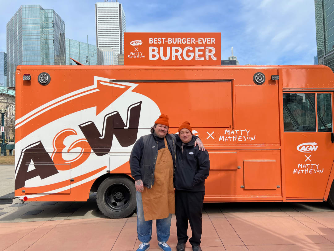 Allen Lulu and Matty Matheson standing in front of an A&amp;W food truck