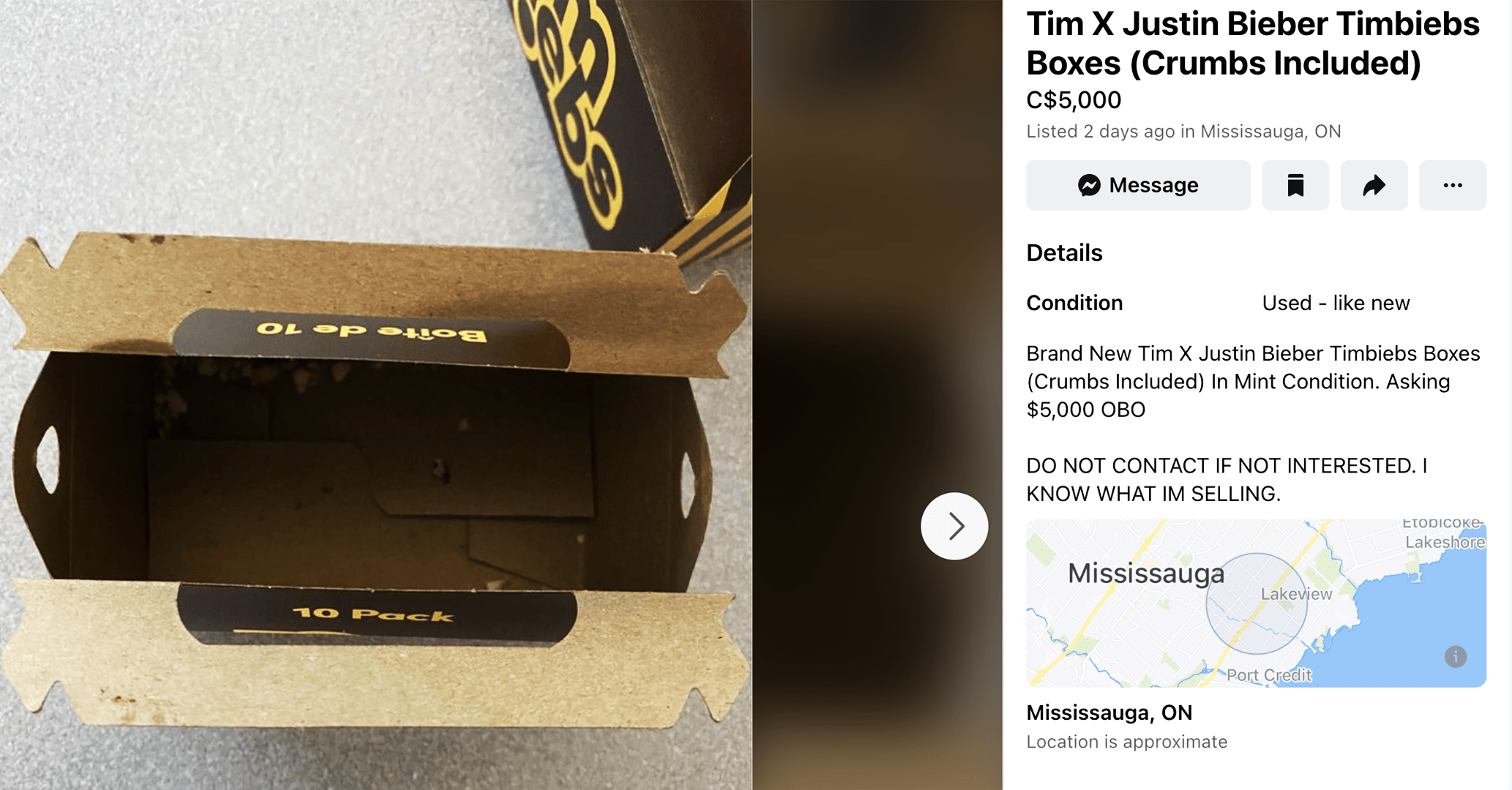 A Facebook Marketplace posting selling TimBiebs boxes for 5 thousand dollars.