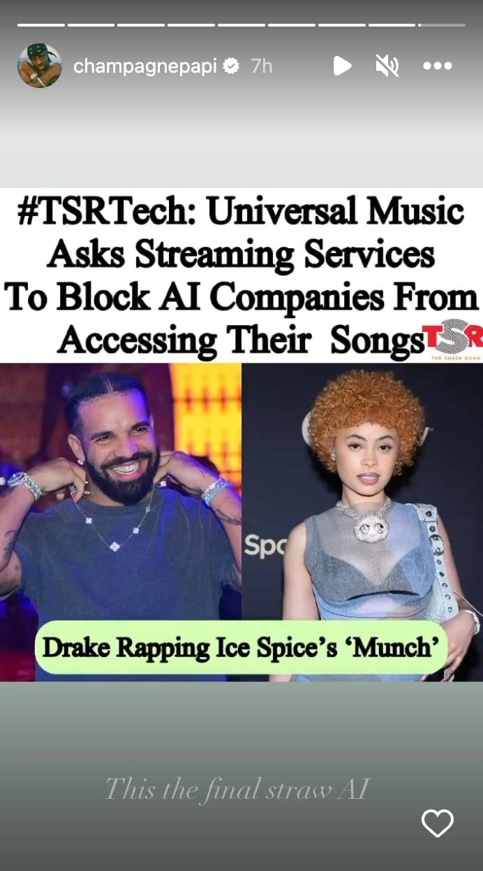 Drake comments on an AI generated version of him rapping Ice Spice's "Munch."