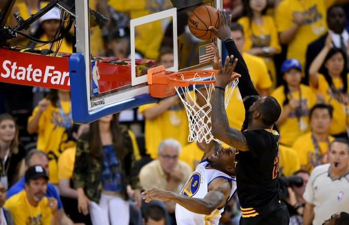 LeBron James blocks Andre Iguodala during Game 7 of the 2016 NBA Finals.