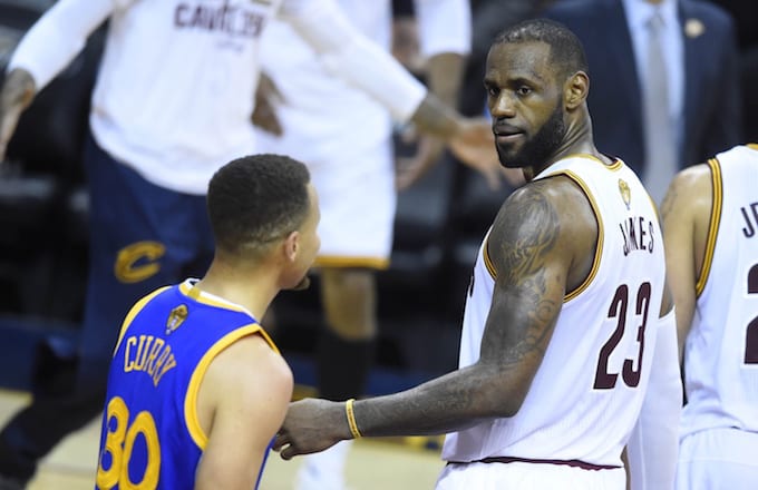 Steph Curry and LeBron James get into staredown.