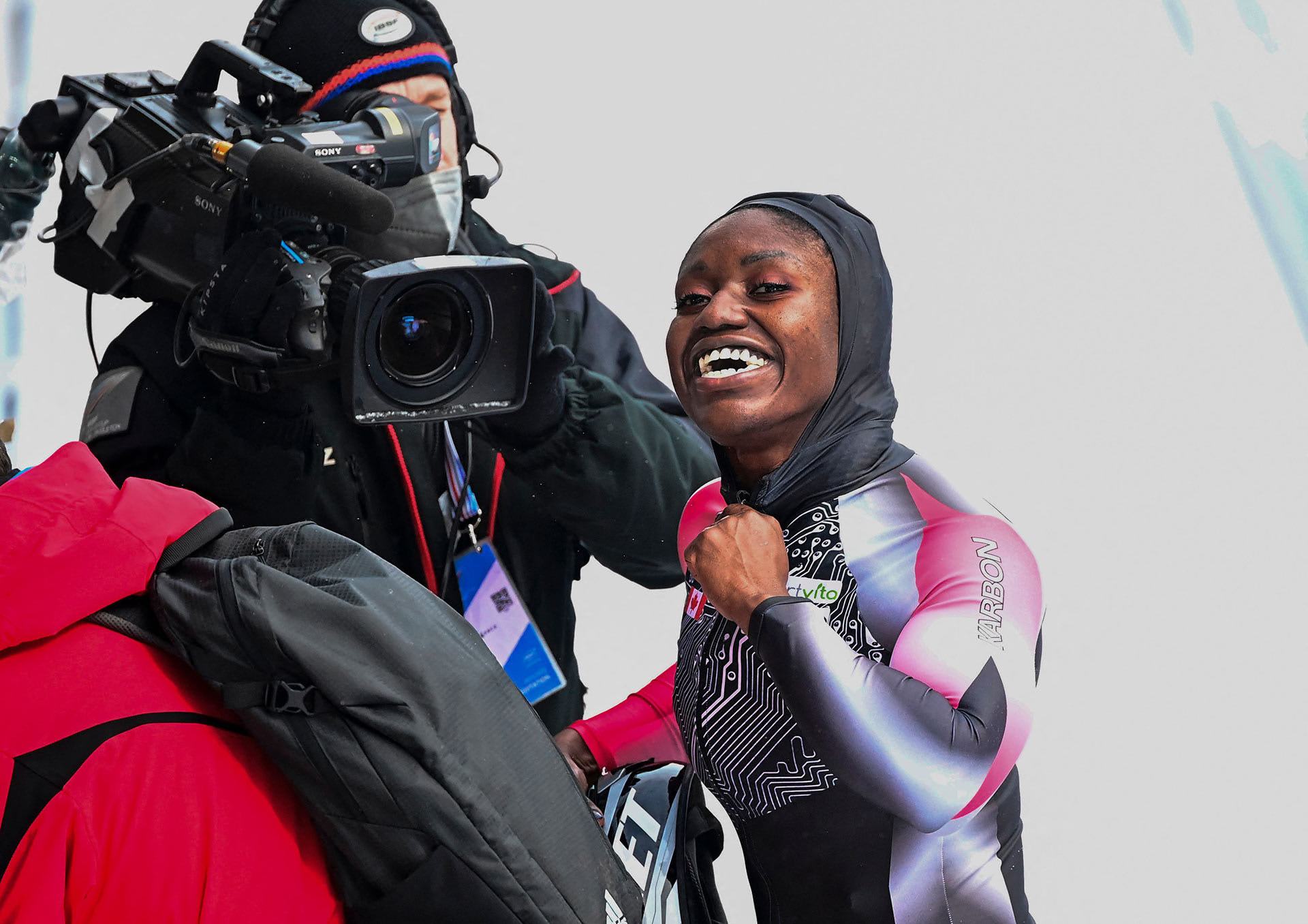 Cynthia Appiah of Canada reacts after the women&#x27;s Monobob competition