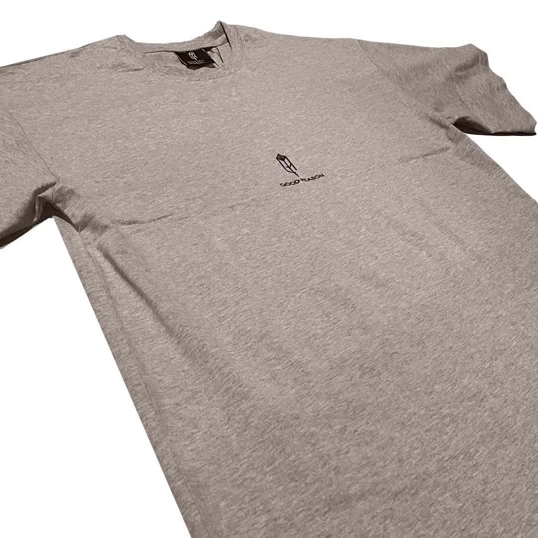 A grey Good Reason tee with their logo