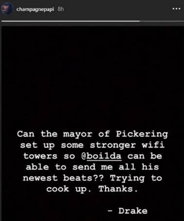 Drake calls out mayor of Pickering in his Instagram story