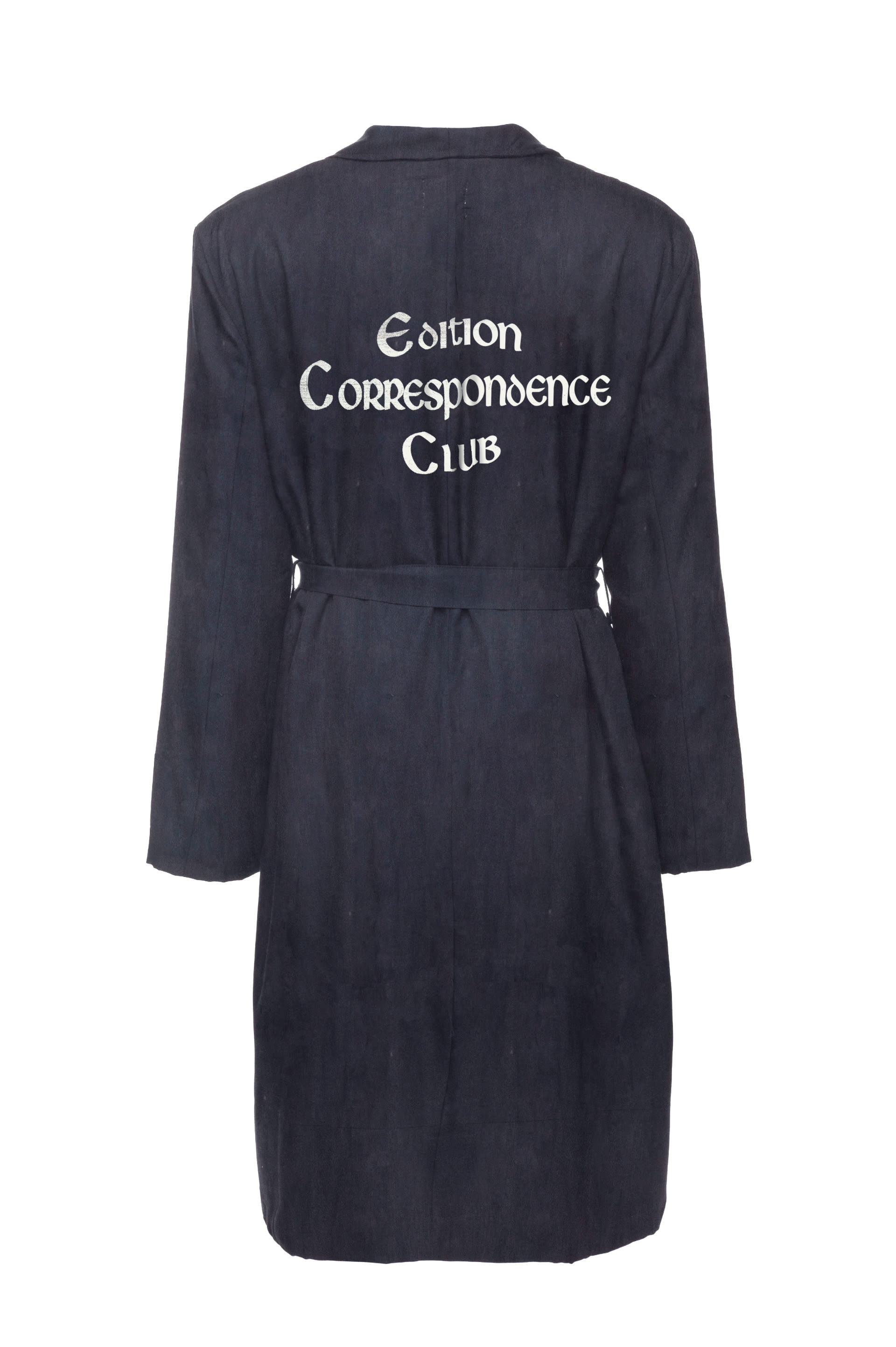 A black bath robe with the &quot;Edition Correspondece Club&quot; logo in white text across the back