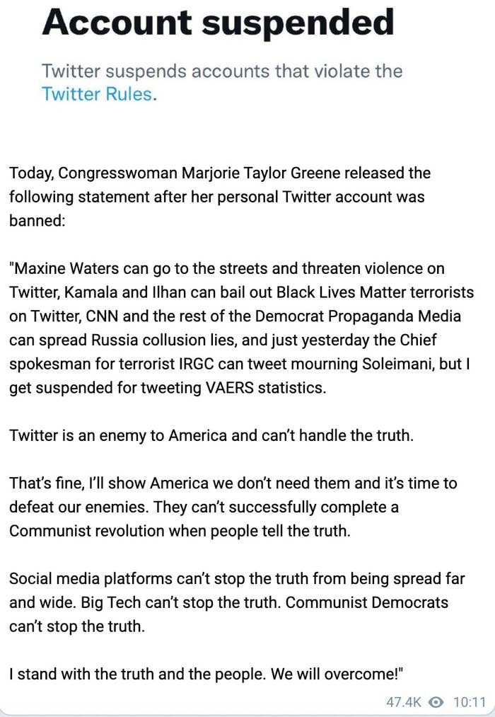 Marjorie Taylor Greene&#x27;s statement on Twitter suspension