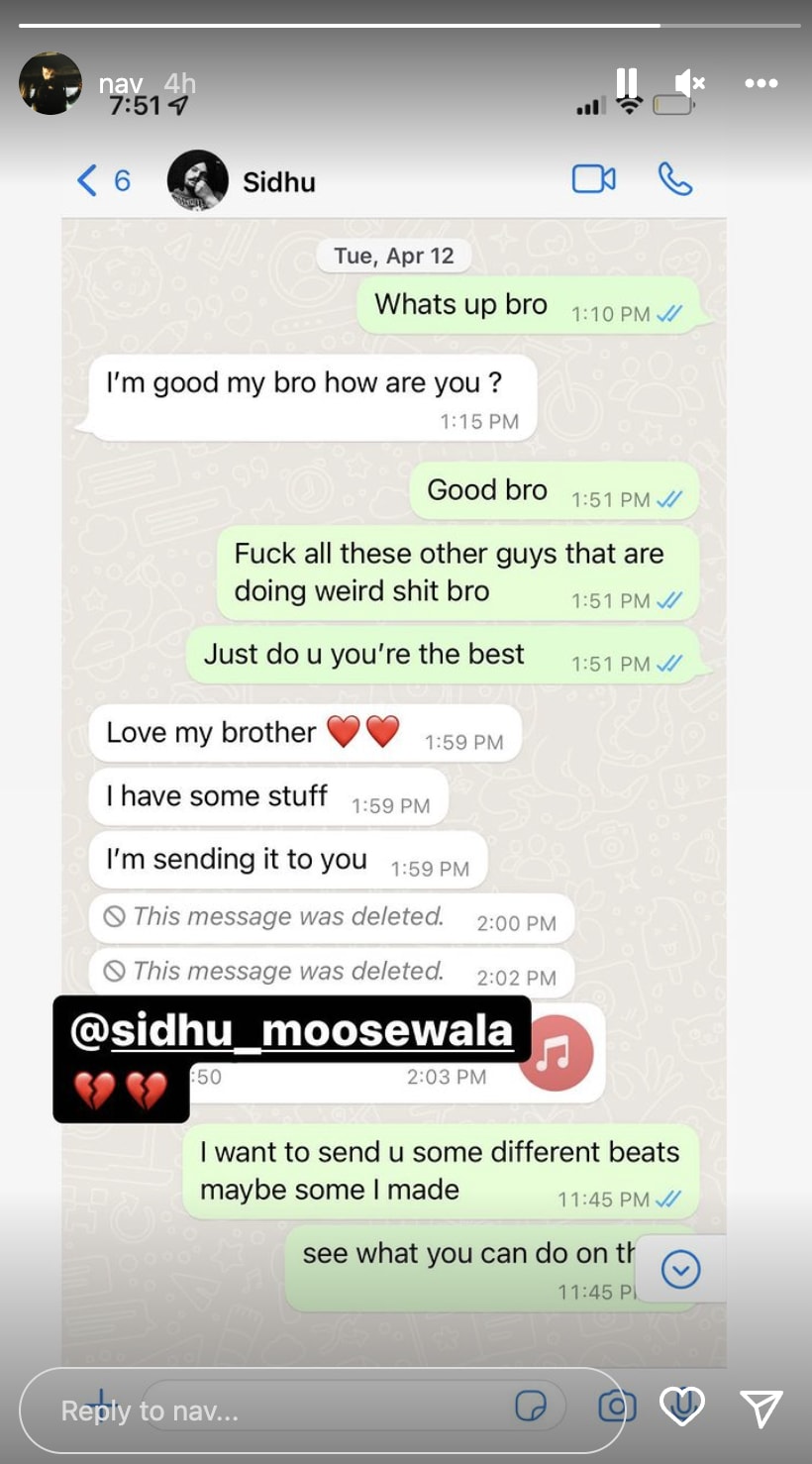 Nav and Sidhu Moose Wala what&#x27;s app conversation