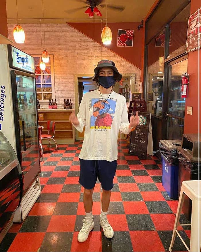 Timothée Chalamet wearing AKARTS' Frank Ocean shirt